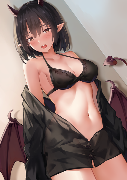 Anime picture 1767x2500 with original suzuame yatsumi single tall image looking at viewer blush fringe highres short hair breasts open mouth light erotic black hair hair between eyes large breasts standing brown eyes tail pointy ears off shoulder