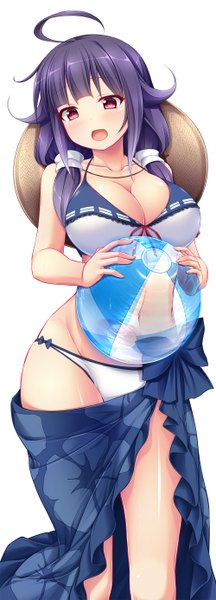 Anime picture 1000x2771 with kantai collection taigei light aircraft carrier mizunoe kotaru single long hair tall image looking at viewer blush breasts open mouth light erotic simple background red eyes large breasts white background twintails blue hair ahoge low twintails girl