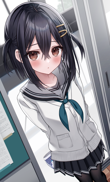 Anime picture 2863x4724 with original kuro namako single tall image looking at viewer blush fringe highres short hair black hair hair between eyes standing brown eyes pleated skirt two side up dutch angle hands behind back girl skirt uniform