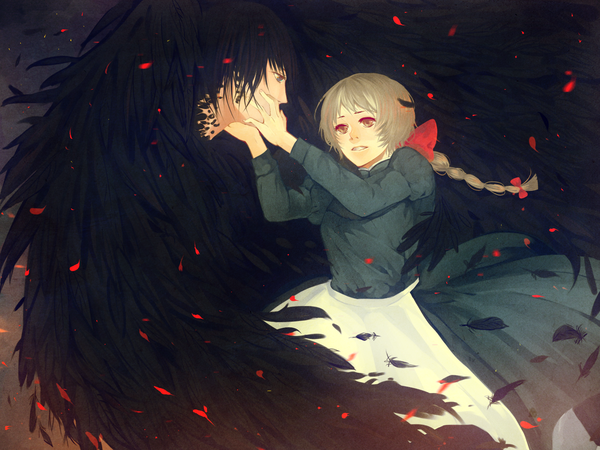 Anime picture 1600x1200 with howl's moving castle studio ghibli howl sophie hatter bottledwishes long hair black hair red eyes grey hair couple single braid girl dress boy bow hair bow wings apron feather (feathers) monster