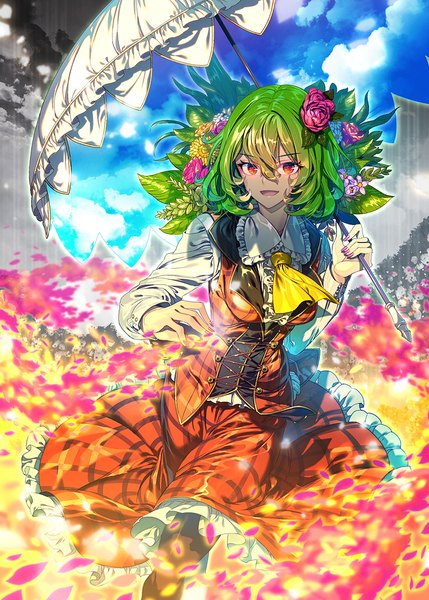 Anime picture 715x1000 with touhou kazami yuuka zounose single tall image looking at viewer fringe short hair open mouth hair between eyes red eyes nail polish hair flower green hair plaid sky print girl skirt flower (flowers) petals