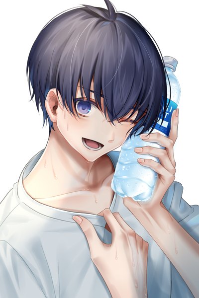 Anime picture 1000x1500 with blue lock isagi yoichi azaka (rionrita) single tall image looking at viewer fringe short hair open mouth black hair simple background hair between eyes white background purple eyes one eye closed sweat ;d boy bottle water bottle