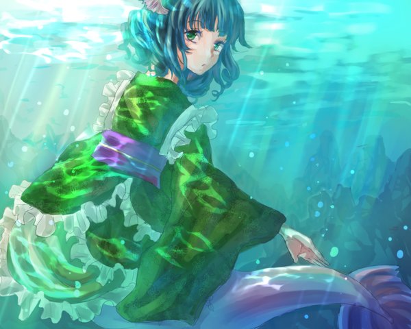 Anime picture 1500x1200 with touhou wakasagihime 039love-s-c single looking at viewer short hair green eyes blue hair japanese clothes looking back sunlight aqua hair underwater sunbeam monster girl curly hair girl mermaid