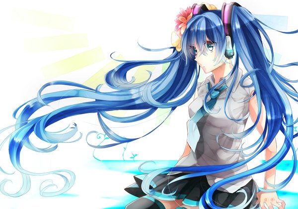 Anime picture 1336x937 with vocaloid hatsune miku aikawa sakuko single long hair twintails bare shoulders blue hair hair flower aqua eyes girl skirt hair ornament miniskirt necktie