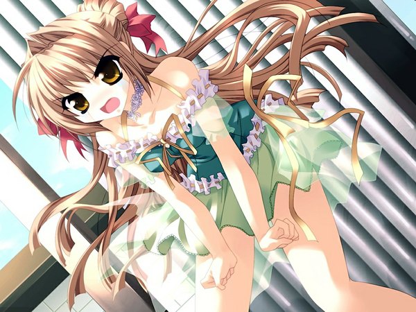 Anime picture 1024x768 with sorairo no organ (game) lefeuille minase lin long hair looking at viewer blush open mouth brown hair bare shoulders brown eyes game cg embarrassed girl skirt