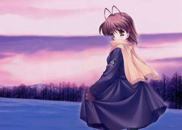 Anime picture 2522x1803 with clannad key (studio) furukawa nagisa single highres short hair brown hair standing brown eyes cloud (clouds) outdoors winter girl plant (plants) tree (trees) scarf coat forest mittens emblem