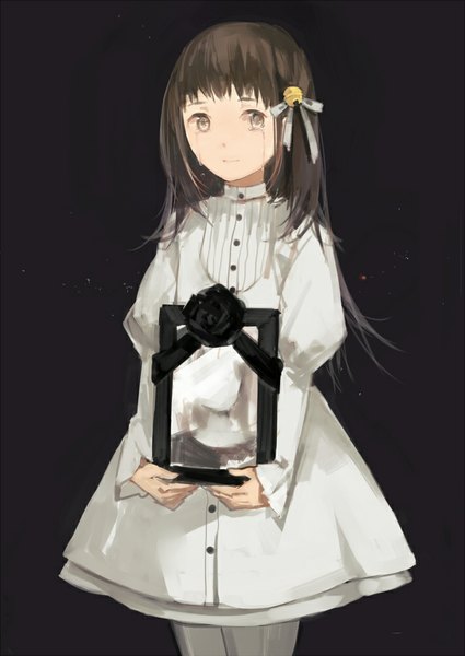 Anime picture 709x1000 with original cotta single long hair tall image looking at viewer blush black hair light smile crying silver eyes sad girl dress flower (flowers) ribbon (ribbons) hair ribbon pantyhose white dress rose (roses)