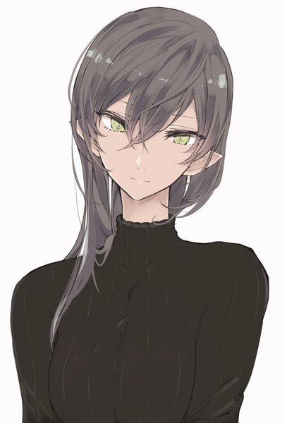 Anime picture 960x1438 with original touma raito single long hair tall image looking at viewer fringe breasts black hair simple background hair between eyes white background green eyes head tilt light smile pointy ears girl turtleneck