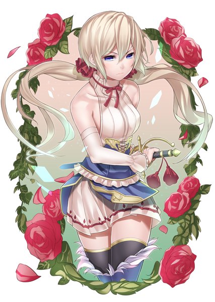 Anime-Bild 712x1000 mit original clare curtis ray-akila single long hair tall image looking at viewer blue eyes blonde hair twintails zettai ryouiki girl thighhighs flower (flowers) weapon detached sleeves petals sword rose (roses)