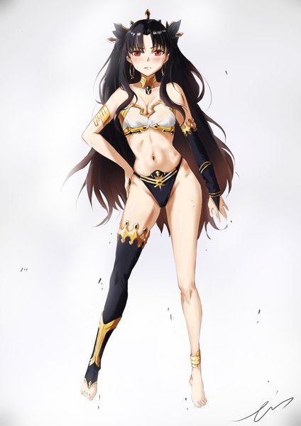 Anime picture 4341x6140 with fate (series) fate/grand order ishtar (fate) error1945 single long hair tall image looking at viewer blush fringe highres breasts light erotic black hair simple background red eyes standing white background signed absurdres