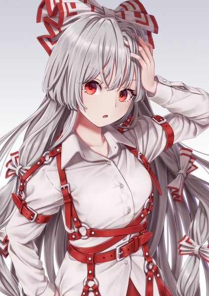 Anime picture 868x1228 with touhou fujiwara no mokou torinari (dtvisu) single long hair tall image looking at viewer blush fringe breasts open mouth simple background hair between eyes red eyes standing silver hair upper body long sleeves arm up grey background