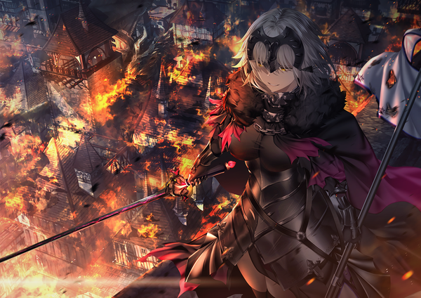 Anime picture 1500x1061 with fate (series) fate/grand order jeanne d'arc (fate) (all) jeanne d'arc alter (fate) junpaku karen single fringe short hair breasts smile hair between eyes standing holding yellow eyes looking away outdoors from above grey hair fur trim city