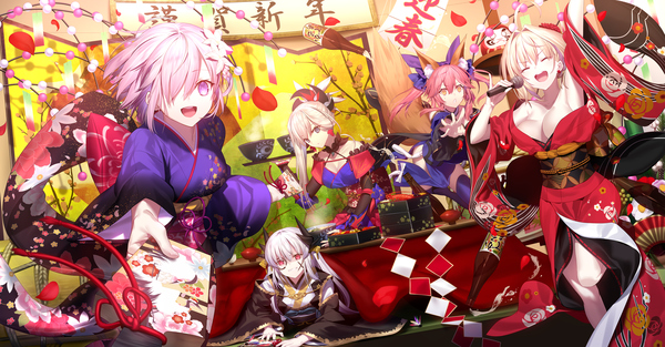 Anime picture 3500x1826 with fate (series) fate/grand order fate/extra mash kyrielight nero claudius (fate) (all) tamamo (fate) (all) nero claudius (fate) tamamo no mae (fate) miyamoto musashi (fate) kiyohime (fate) mashima saki (mashimasa) long hair fringe highres short hair breasts light erotic blonde hair red eyes wide image