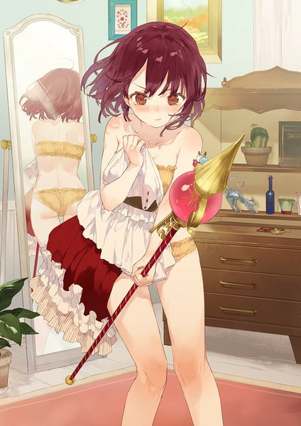 Anime picture 569x805 with atelier (series) atelier sophie gust (company) sophie neuenmuller noco (adamas) single tall image looking at viewer blush fringe short hair light erotic standing holding brown eyes ahoge ass red hair official art embarrassed