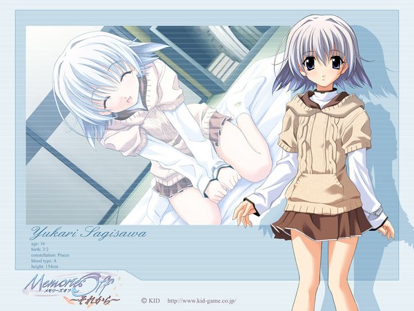 Anime picture 1024x768 with memories off sagisawa yukari aizawa kotarou short hair open mouth sitting silver hair eyes closed grey eyes blue background dual persona girl miniskirt socks white socks sweater