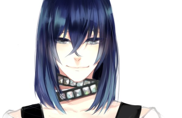 Anime picture 3100x2000 with dramatical murder nitro+chiral sei (dramatical murder) gackpokaito single looking at viewer highres short hair blue eyes simple background smile white background blue hair boy choker