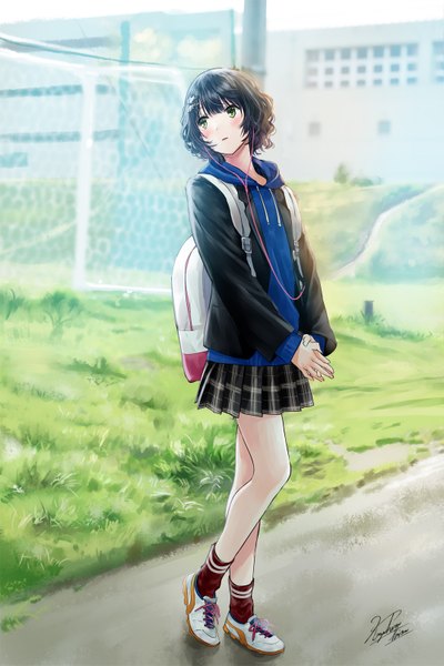 Anime picture 1080x1617 with original kazuharu kina single tall image blush fringe short hair black hair hair between eyes standing green eyes signed looking away full body outdoors long sleeves pleated skirt open jacket plaid skirt wavy hair