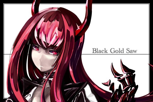 Anime picture 1125x750 with black rock shooter black gold saw single long hair looking at viewer fringe simple background red eyes white background red hair horn (horns) girl