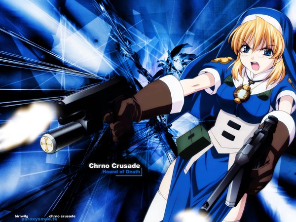 Anime picture 1280x960 with chrono crusade gonzo rosette christopher single long hair open mouth blue eyes blonde hair looking away wallpaper copyright name side slit girl thighhighs gloves weapon white thighhighs gun pendant pistol