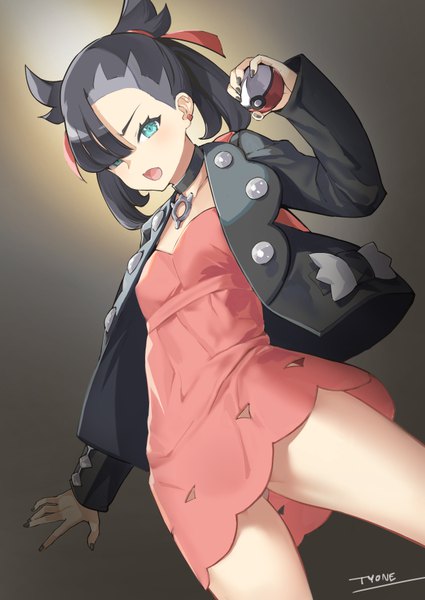 Anime-Bild 627x885 mit pokemon pokemon (game) pokemon swsh nintendo marnie (pokemon) tyone single tall image looking at viewer fringe short hair breasts open mouth black hair simple background twintails holding signed long sleeves nail polish