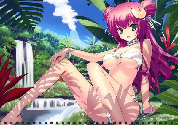 Anime picture 4064x2854 with 11 eyes doga kobo kouno mio tagme (artist) single long hair highres open mouth light erotic sitting green eyes pink hair absurdres scan inscription hair bun (hair buns) summer crescent waterfall volcano