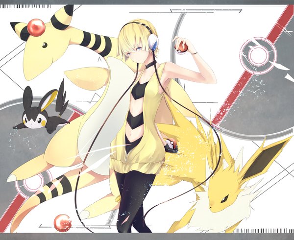 Anime picture 1666x1362 with pokemon pokemon black and white nintendo elesa (pokemon) jolteon emolga ampharos marumoru looking at viewer short hair blue eyes blonde hair bare belly gen 1 pokemon gen 2 pokemon gen 5 pokemon girl dress navel pantyhose