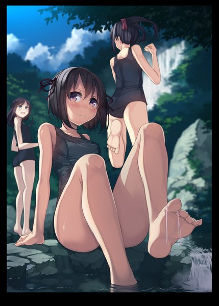 Anime picture 1180x1651 with original garnet (artist) long hair tall image looking at viewer blush short hair blue eyes light erotic black hair sitting multiple girls brown eyes barefoot bare legs waterfall girl swimsuit water 3 girls