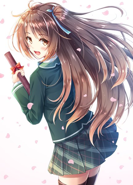 Anime picture 1100x1530 with original akashio (loli ace) single long hair tall image looking at viewer blush fringe open mouth simple background smile hair between eyes brown hair standing white background holding brown eyes payot long sleeves :d
