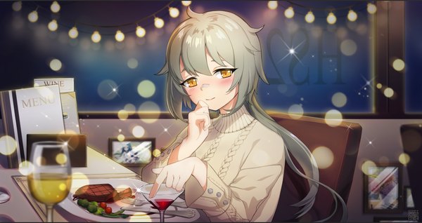 Anime picture 1024x544 with girls frontline hs2000 (girls frontline) yuza-lattee single long hair looking at viewer blush fringe wide image signed yellow eyes payot upper body indoors light smile grey hair wide sleeves sparkle floating hair lens flare
