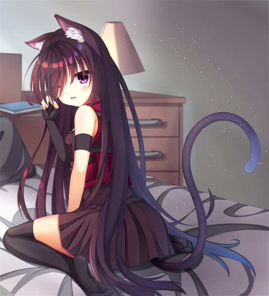 Anime picture 1816x2000 with arknights melantha (arknights) saenoki mizuho single tall image looking at viewer blush fringe highres open mouth sitting purple eyes animal ears purple hair indoors tail very long hair animal tail from behind cat ears