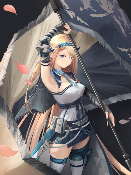 Anime-Bild 4500x6000 mit arknights saileach (arknights) beancake single tall image looking at viewer fringe highres blue eyes blonde hair standing bare shoulders holding absurdres braid (braids) very long hair arm up pointy ears armpit (armpits) dark background