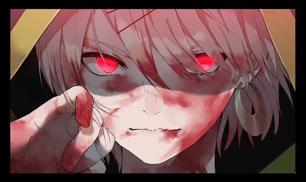 Anime picture 3907x2336 with original yukishima bema single looking at viewer fringe highres short hair hair between eyes red eyes wide image absurdres silver hair border portrait face blood on face albino boy earrings hood