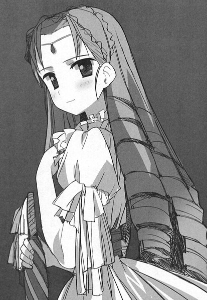Anime picture 1102x1600 with campione! guinevere (campione!) sikorsky single long hair tall image looking at viewer blush simple background standing holding upper body looking back light smile grey background official art puffy sleeves drill hair monochrome lolita fashion