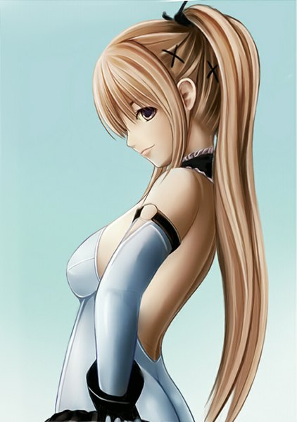 Anime picture 703x1000 with dead or alive dead or alive 5 marie rose nannacy7 single long hair tall image looking at viewer simple background blonde hair bare shoulders brown eyes profile girl gloves elbow gloves bodysuit