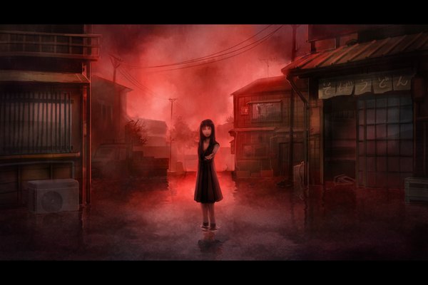 Anime picture 1050x700 with original tako (pixiv) single long hair black hair sky cloud (clouds) city dark background red sky horror girl dress water building (buildings)