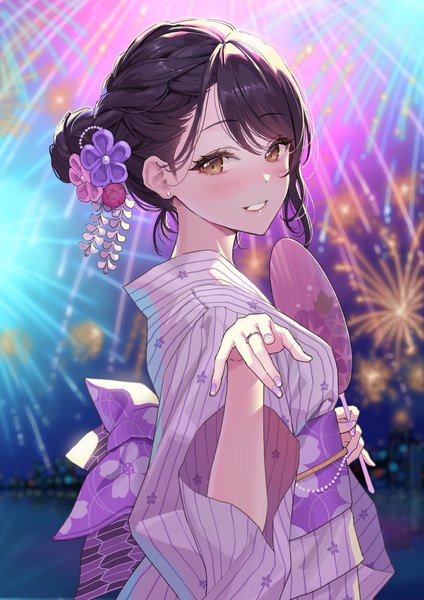 Anime picture 1768x2500 with original okuma mai single tall image looking at viewer blush fringe highres short hair brown hair standing holding brown eyes outdoors braid (braids) nail polish traditional clothes parted lips japanese clothes night