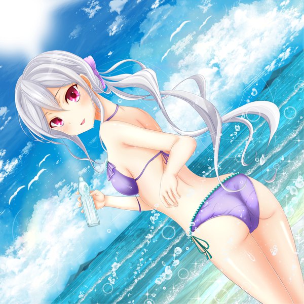 Anime picture 1920x1920 with girlfriend (kari) shigeto akiho masa (mirage77) single long hair looking at viewer blush fringe highres breasts open mouth light erotic smile hair between eyes standing bare shoulders holding payot sky silver hair