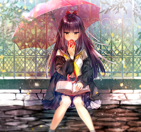 Anime picture 1409x1326 with original itofuya single long hair blush sitting holding brown eyes purple hair bent knee (knees) outdoors wind off shoulder depth of field looking down eating transparent umbrella reading girl uniform