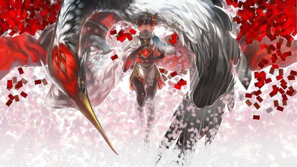 Anime picture 1600x900 with original pixiv fantasia pixiv fantasia v coralstone single short hair red eyes wide image japanese clothes multicolored hair girl animal petals belt bird (birds) cube