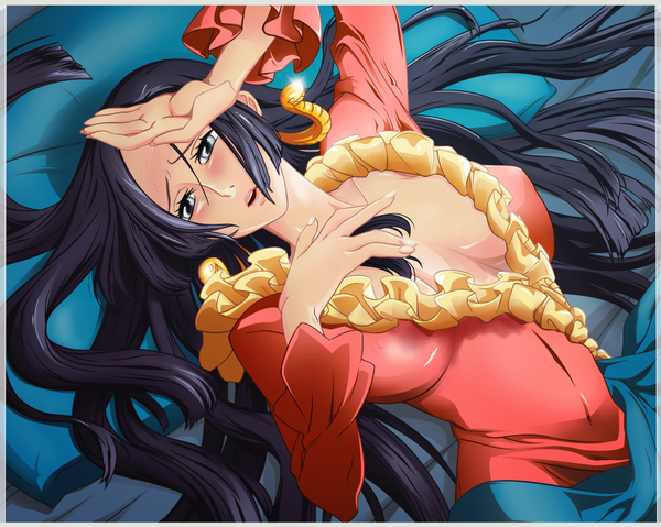 Anime picture 1116x891 with one piece toei animation boa hancock ddsign single long hair blush open mouth light erotic black hair cleavage lying lips grey eyes coloring girl earrings pillow