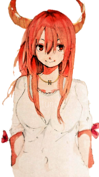 Anime picture 576x1024 with original tarbo (exxxpiation) single long hair tall image looking at viewer breasts simple background smile red eyes standing white background horn (horns) orange hair hands behind back girl pendant