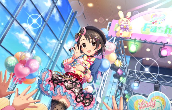 Anime picture 1280x824 with idolmaster idolmaster cinderella girls idolmaster cinderella girls starlight stage sasaki chie single looking at viewer blush short hair open mouth brown hair standing brown eyes sky official art sparkle from below polka dot heart print precocious little demon girl