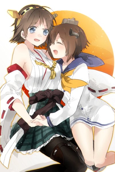 Anime picture 587x875 with kantai collection yukikaze destroyer hiei battleship sino (sionori) tall image blush short hair open mouth blue eyes brown hair bare shoulders multiple girls looking away ahoge eyes closed traditional clothes :d japanese clothes profile kneeling