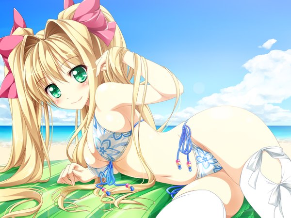 Anime picture 1500x1125 with original moe2014 kamiya tomoe single long hair looking at viewer blush breasts light erotic blonde hair smile twintails green eyes sky cloud (clouds) girl thighhighs bow swimsuit hair bow