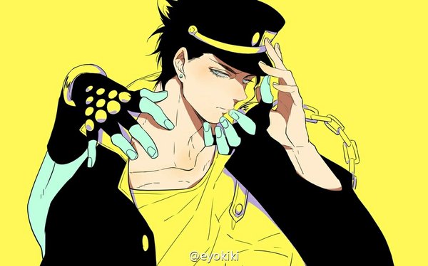 Anime picture 1105x690 with jojo no kimyou na bouken kujo jotaro star platinum eyokiki looking at viewer short hair black hair simple background wide image signed multiple boys piercing ear piercing silver eyes yellow background shounen ai stand (jojo) boy gloves uniform