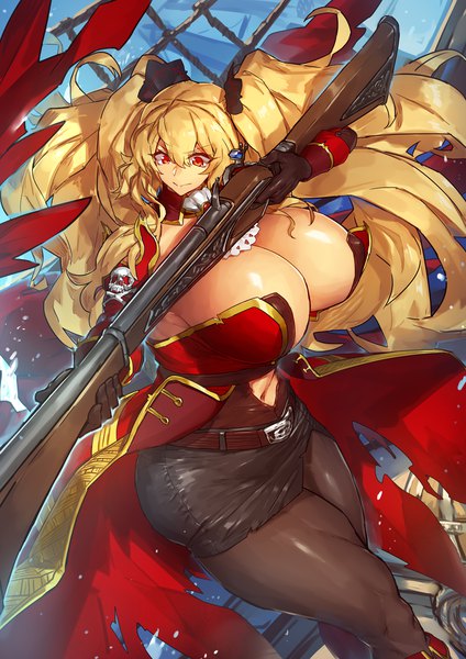 Anime picture 1000x1414 with fate (series) fate/grand order anne bonny (fate/grand order) temmasa22 single long hair tall image fringe breasts light erotic blonde hair hair between eyes red eyes twintails holding looking away outdoors huge breasts skull and crossbones pirate