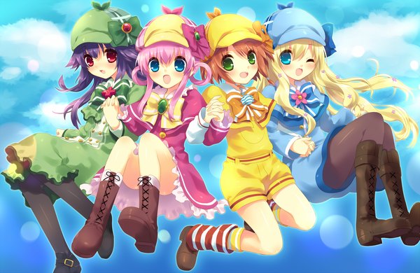 Anime picture 1500x975 with tantei opera milky holmes sherlock shellingford hercule barton yuzurizaki nero cordelia glauca long hair blush short hair open mouth blue eyes blonde hair red eyes multiple girls green eyes pink hair purple hair one eye closed wink orange hair group