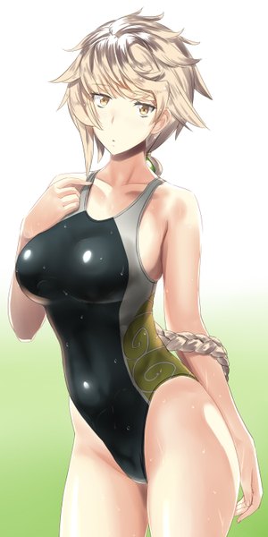 Anime picture 1500x3000 with kantai collection unryuu aircraft carrier wamwam single long hair tall image looking at viewer breasts light erotic blonde hair large breasts yellow eyes braid (braids) wet single braid girl swimsuit one-piece swimsuit black swimsuit