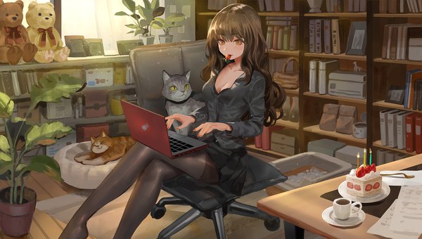 Anime picture 1800x1021 with original canking single long hair fringe highres breasts light erotic hair between eyes brown hair wide image sitting brown eyes looking away cleavage indoors nail polish pleated skirt no shoes crossed legs
