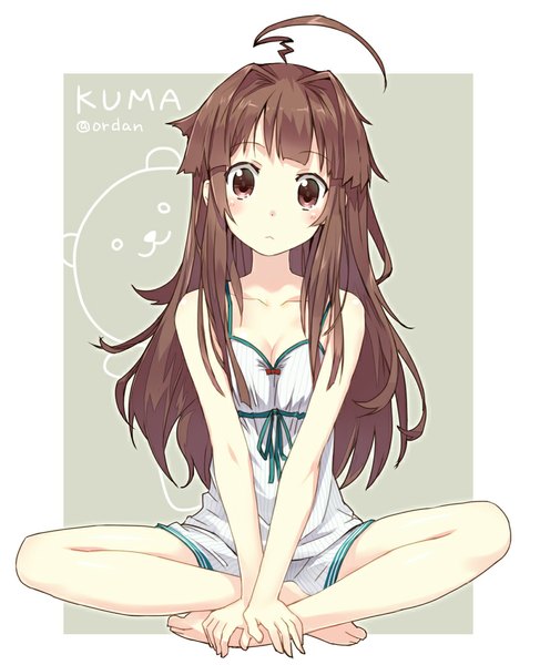 Anime picture 812x1000 with kantai collection kuma light cruiser orda single long hair tall image looking at viewer brown hair sitting brown eyes cleavage ahoge barefoot character names girl shorts blouse white shorts